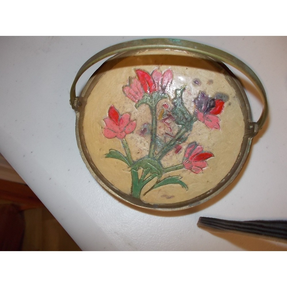 Vintage Brass Footed Bowl Hand Painted Floral Trinket Dish with Handle